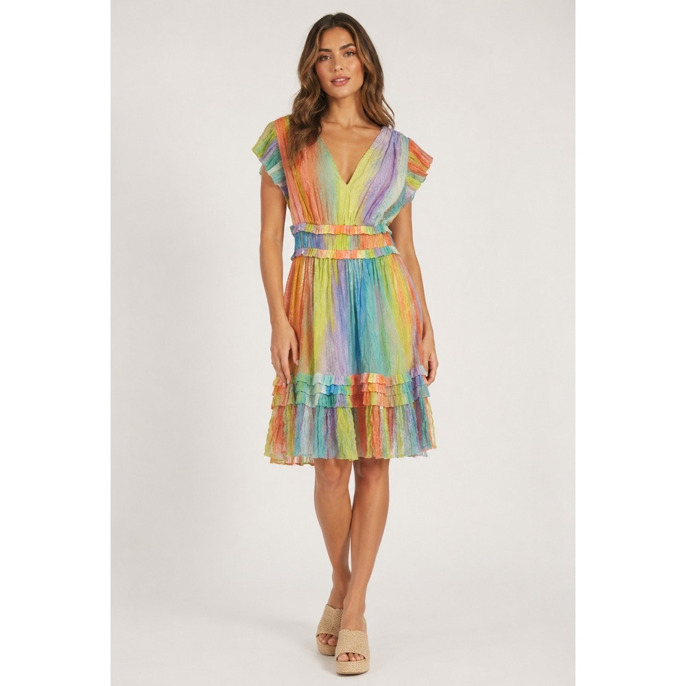Current Air Sereia Rainbow Painterly Midi Dress Womens XXS Crinkle Polyester NEW
